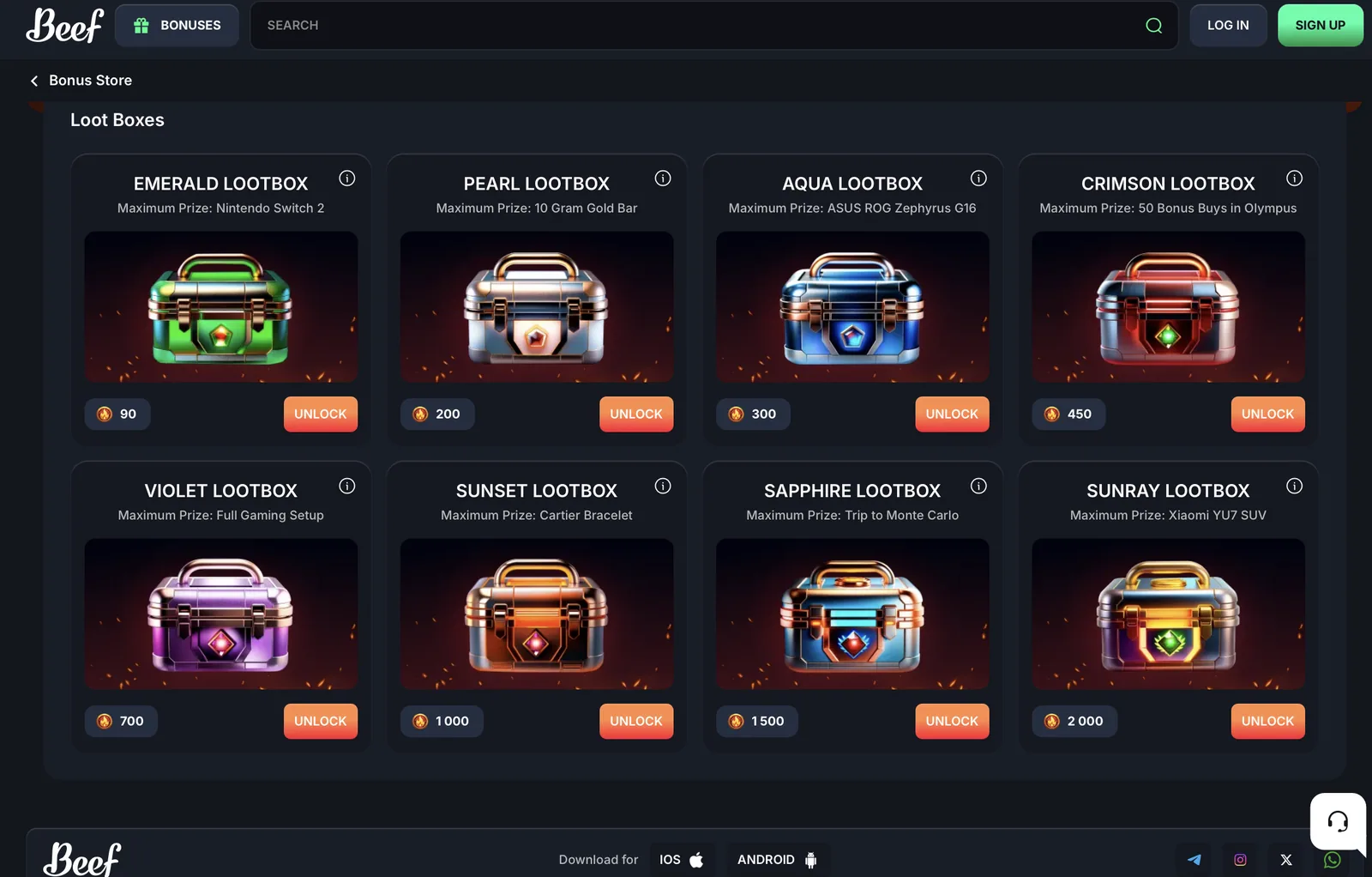 Bonus Store im Beef Casino mit acht Lootboxen und ihren Preisen in Münzen