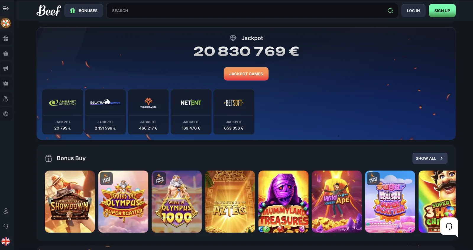 Jackpot-Übersicht im Beef Casino mit Gesamtsumme und Aufteilung nach Anbieter