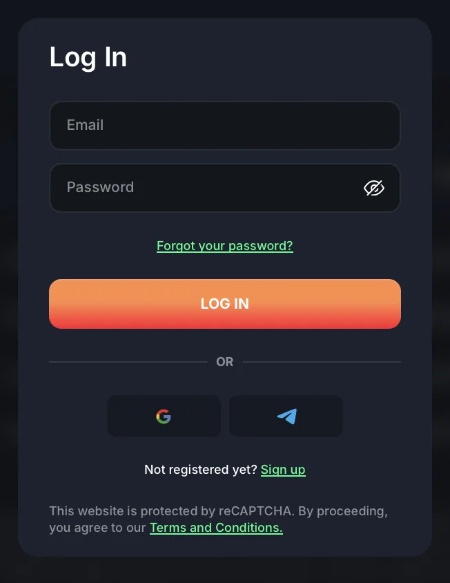 Anmeldefenster im Beef Casino mit Feldern für E-Mail und Passwort sowie Login über Google und Telegram