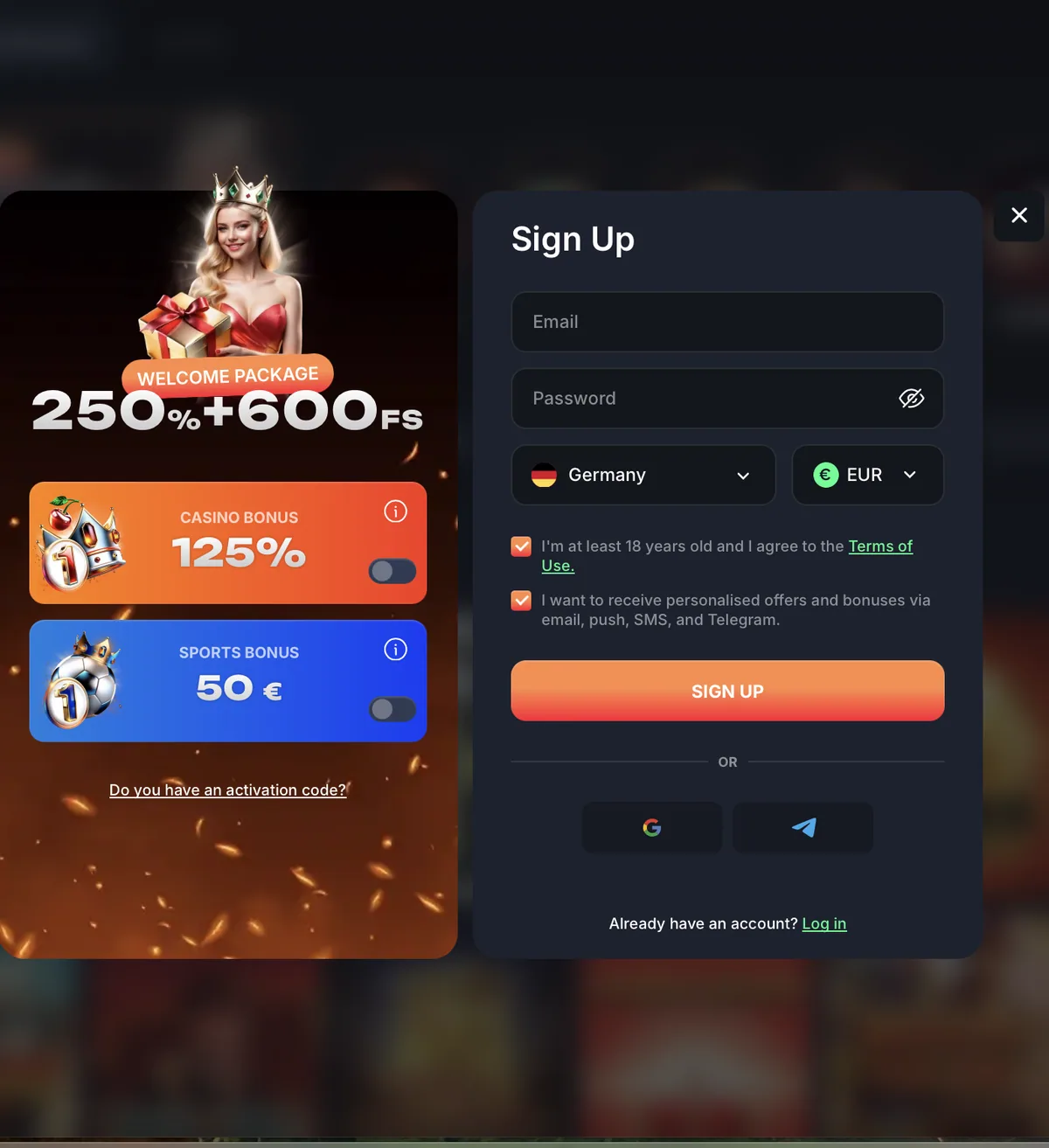 Anmeldefenster im Beef Casino mit E-Mail, Passwort und Anmeldung über Google oder Telegram