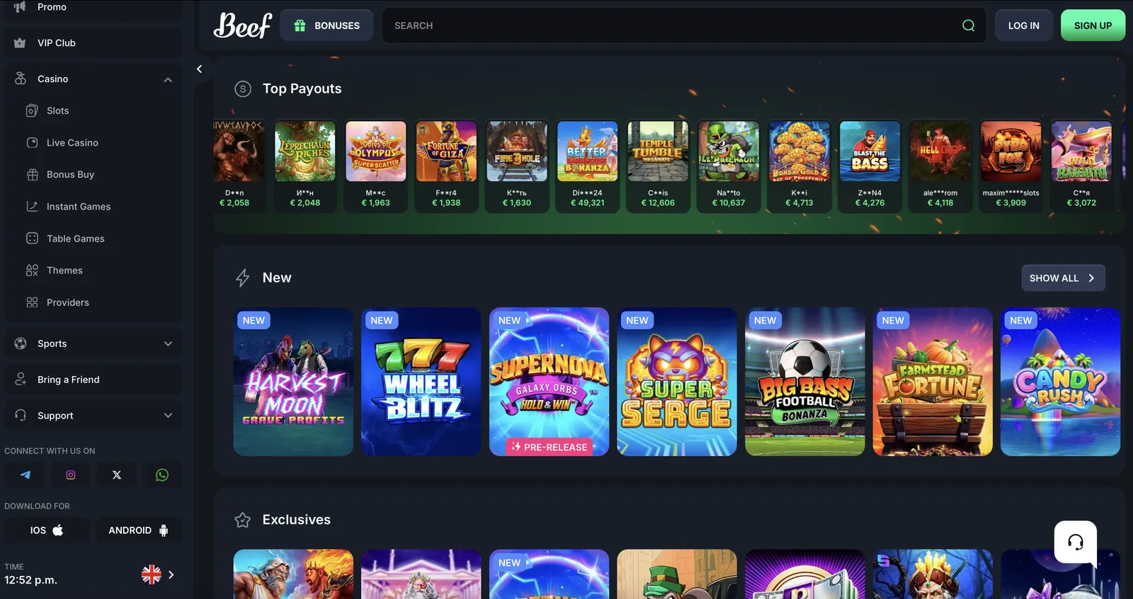 Slot-Lobby im Beef Casino mit Kacheln und Filtern nach Anbieter