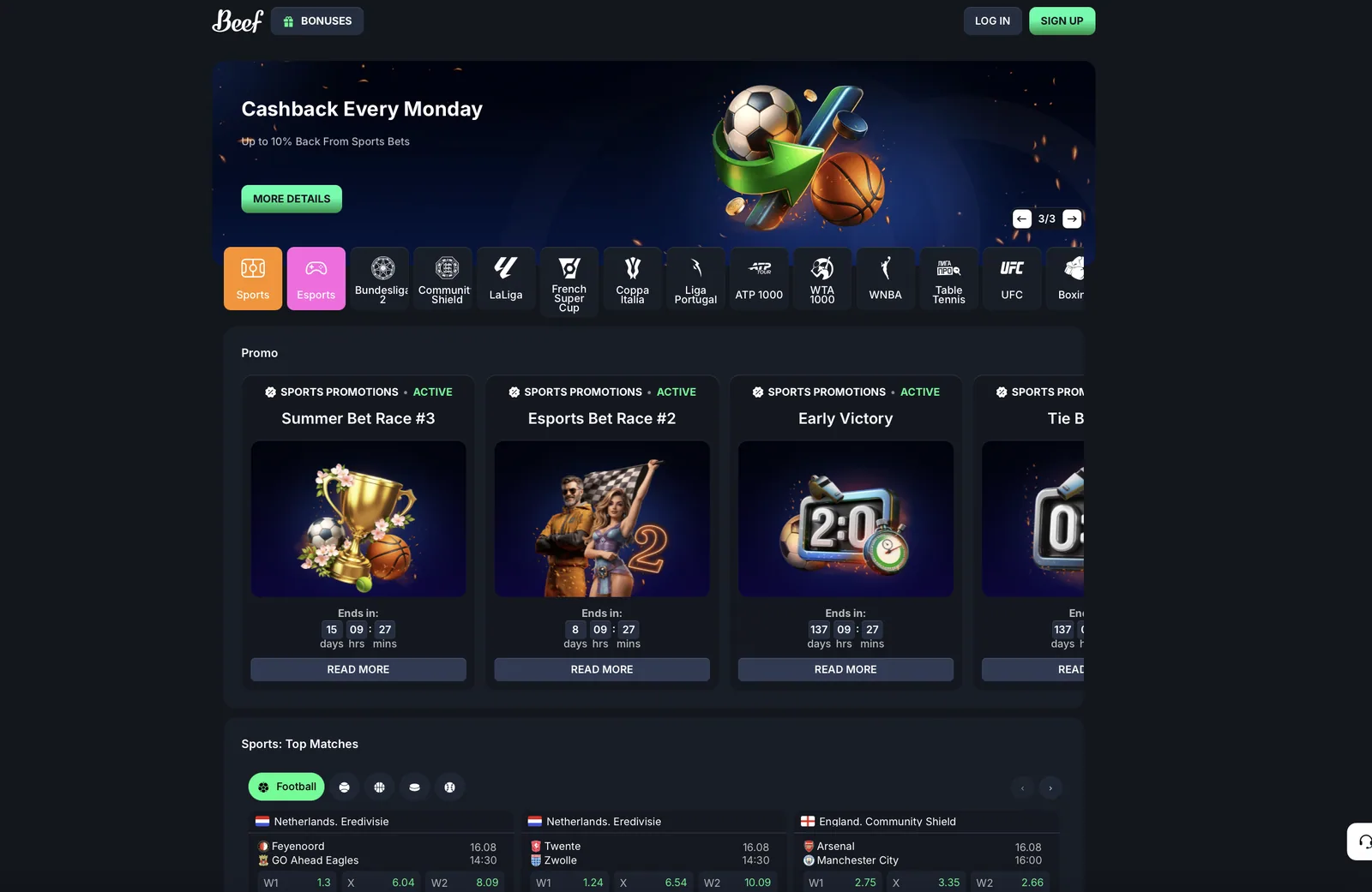 Sportwettenbereich im Beef Casino mit Cashback jeden Montag