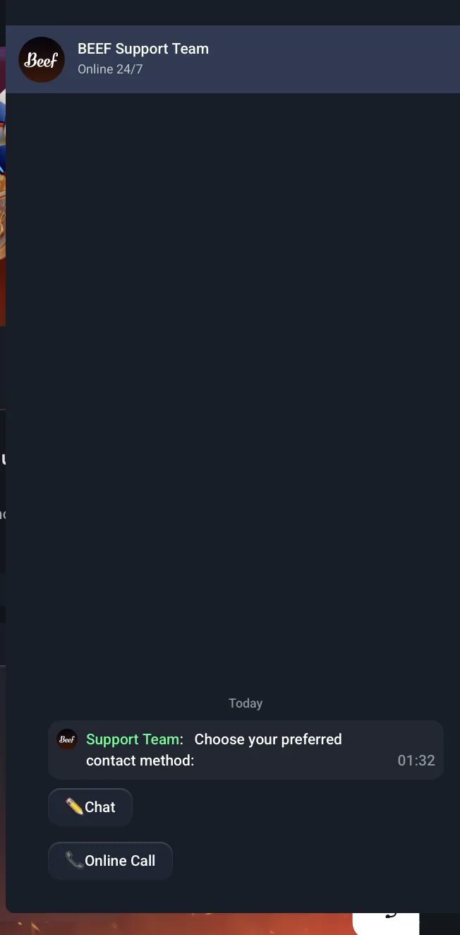 Support-Widget im Beef Casino mit Auswahl zwischen Chat und Online Call