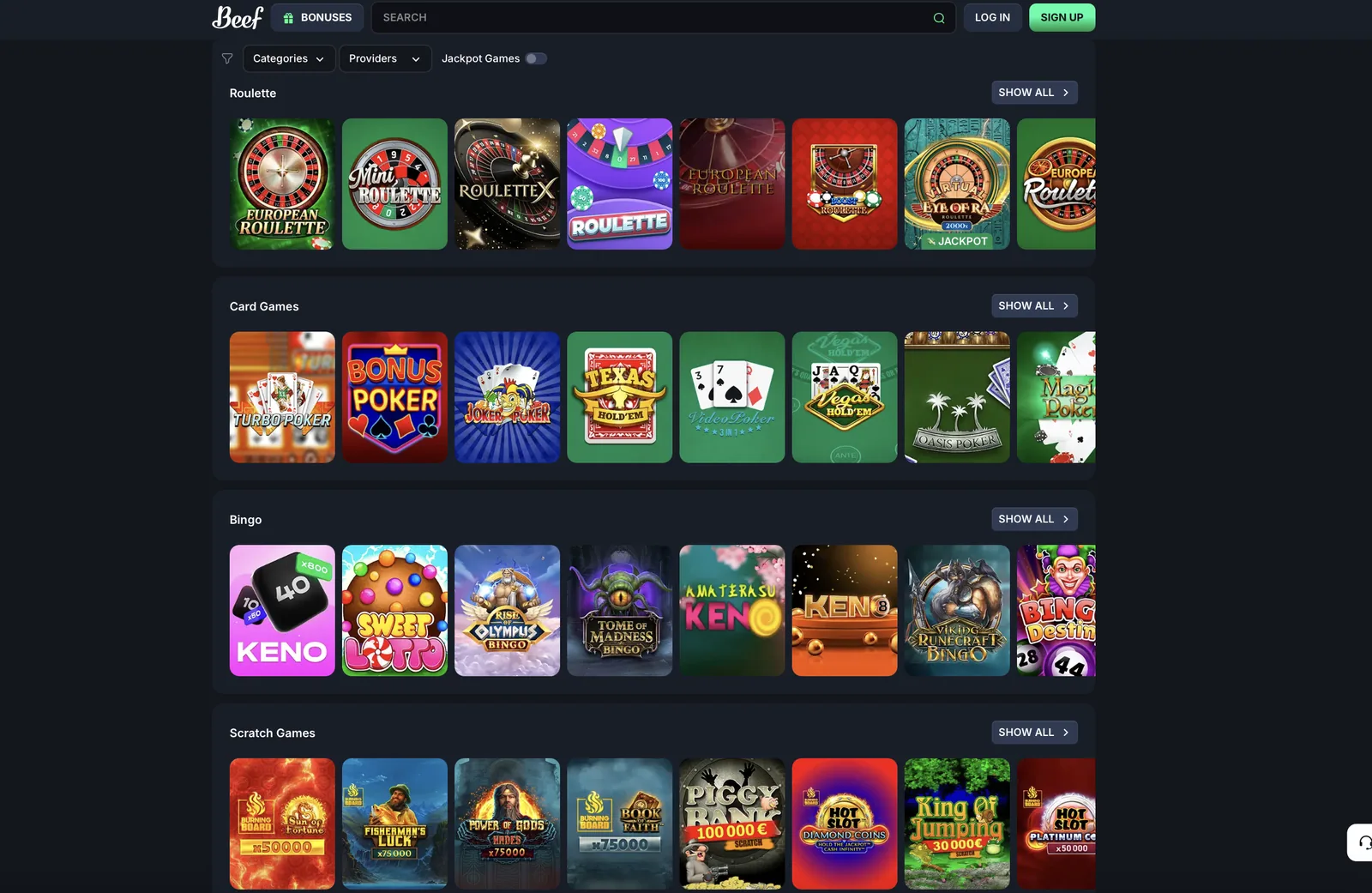 Tischspiele im Beef Casino mit Roulette, Poker, Bingo und Rubbellosen