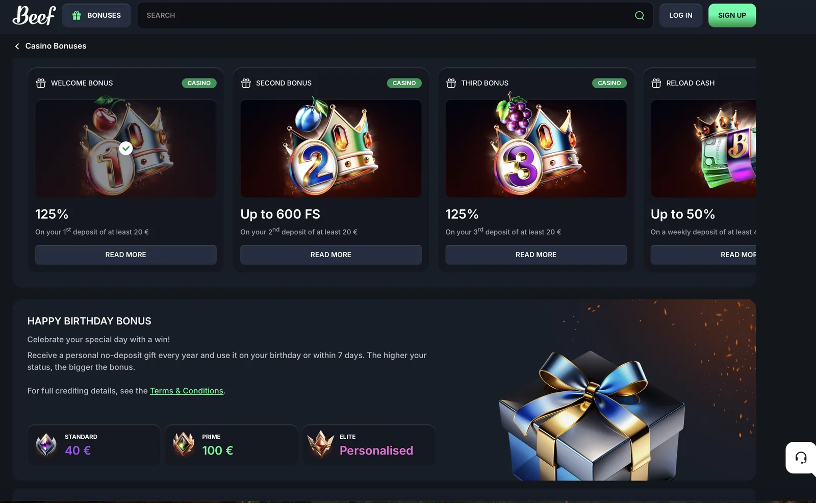 Verifizierungsbereich im Beef Casino mit Upload von Ausweis und Kartenfoto