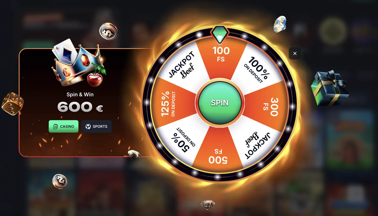 Glücksrad Spin and Win im Beef Casino mit einem Gesamtwert von 600 Euro