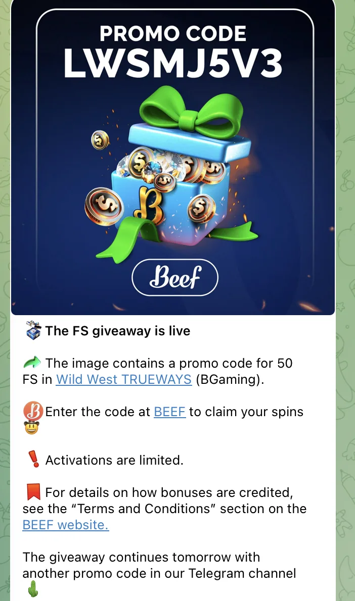 Telegram-Beitrag mit dem Beef Casino Bonus Code LWSMJ5V3 für 50 Freispiele