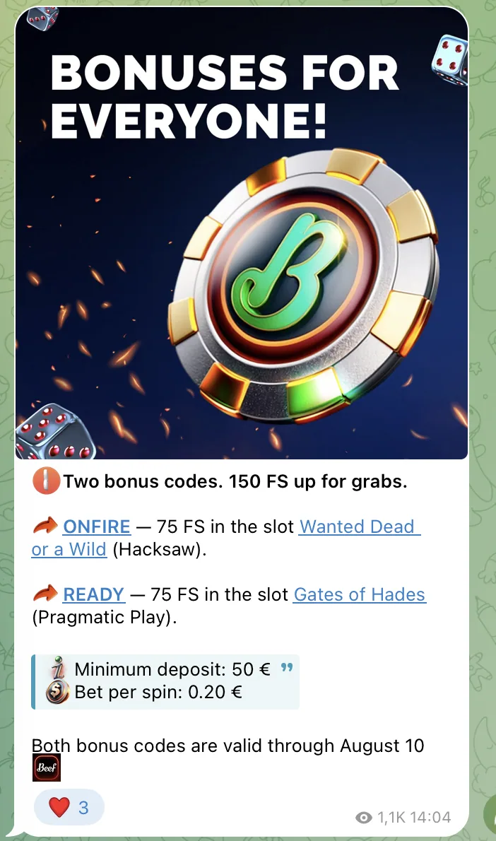 Telegram-Beitrag mit zwei Beef Casino Bonus Codes ONFIRE und READY für zusammen 150 Freispiele