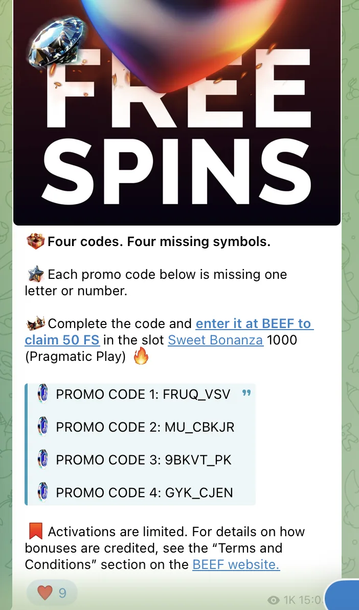 Telegram-Beitrag mit vier unvollständigen Beef Casino Bonus Codes für Sweet Bonanza 1000