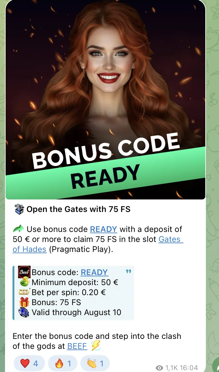 Telegram-Beitrag mit dem Beef Casino Bonus Code READY für 75 Freispiele