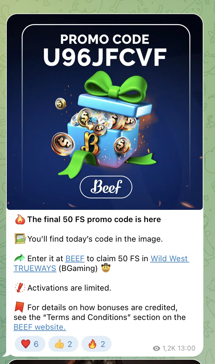 Telegram-Beitrag mit dem Beef Casino Bonus Code U96JFCVF für 50 Freispiele