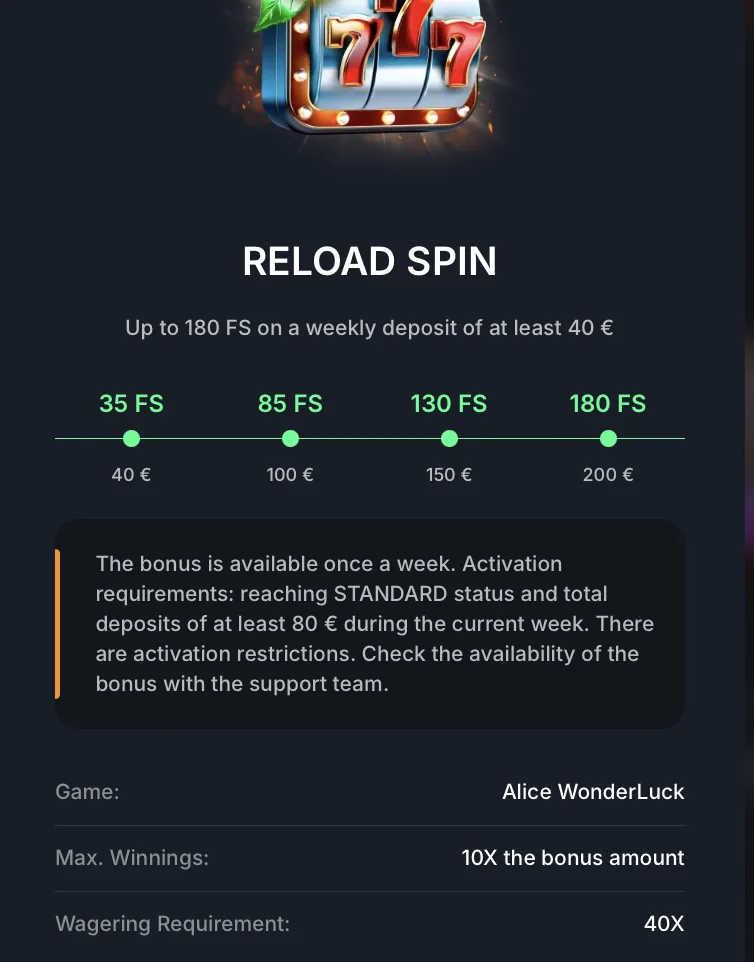 Reload Spin im Beef Casino mit bis zu 180 Freispielen pro Woche