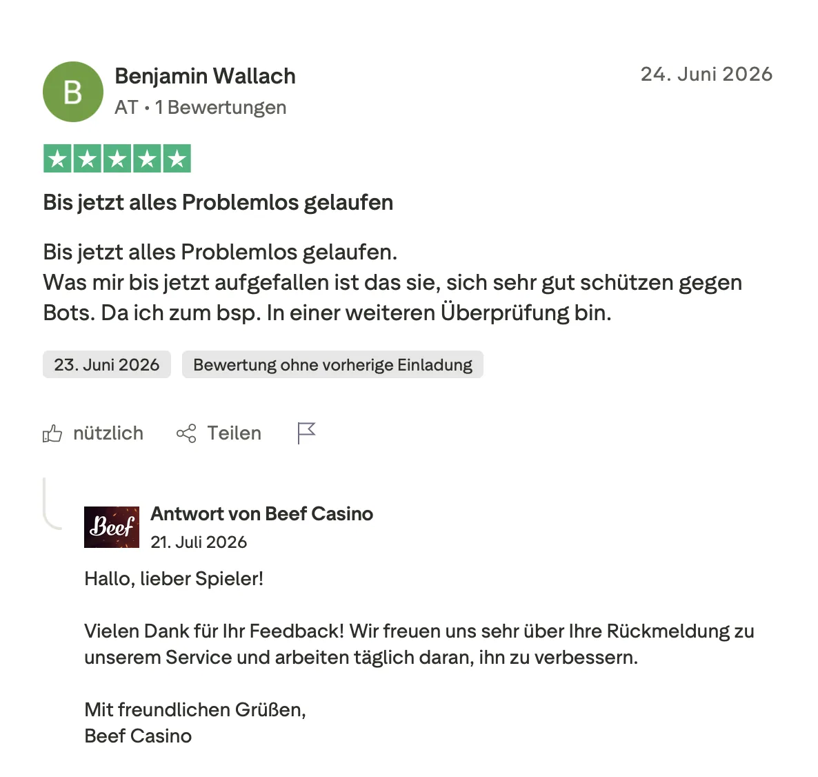Trustpilot-Bewertung von Benjamin Wallach aus Österreich mit fünf Sternen über Botschutz und Überprüfung