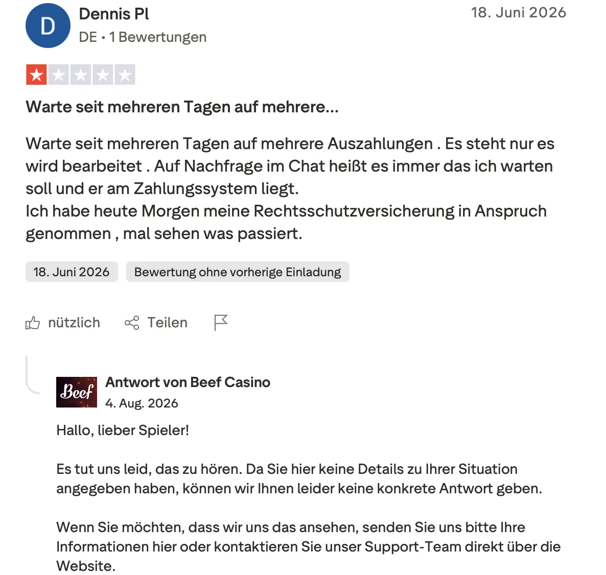 Trustpilot-Bewertung von Dennis Pl aus Deutschland mit einem Stern über mehrere wartende Auszahlungen