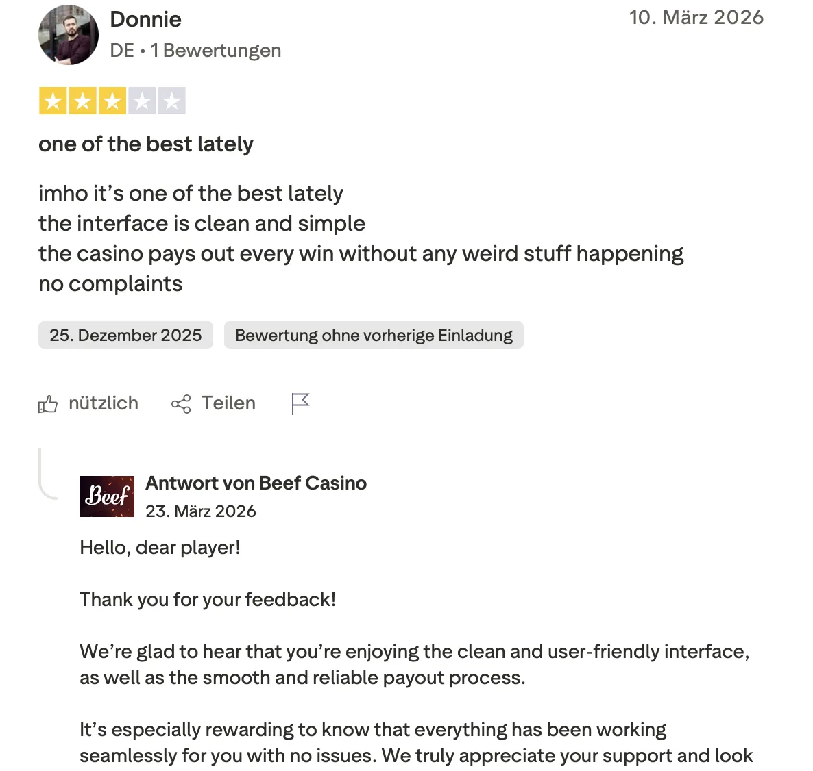 Trustpilot-Bewertung von Donnie aus Deutschland mit drei Sternen über Oberfläche und Auszahlungen