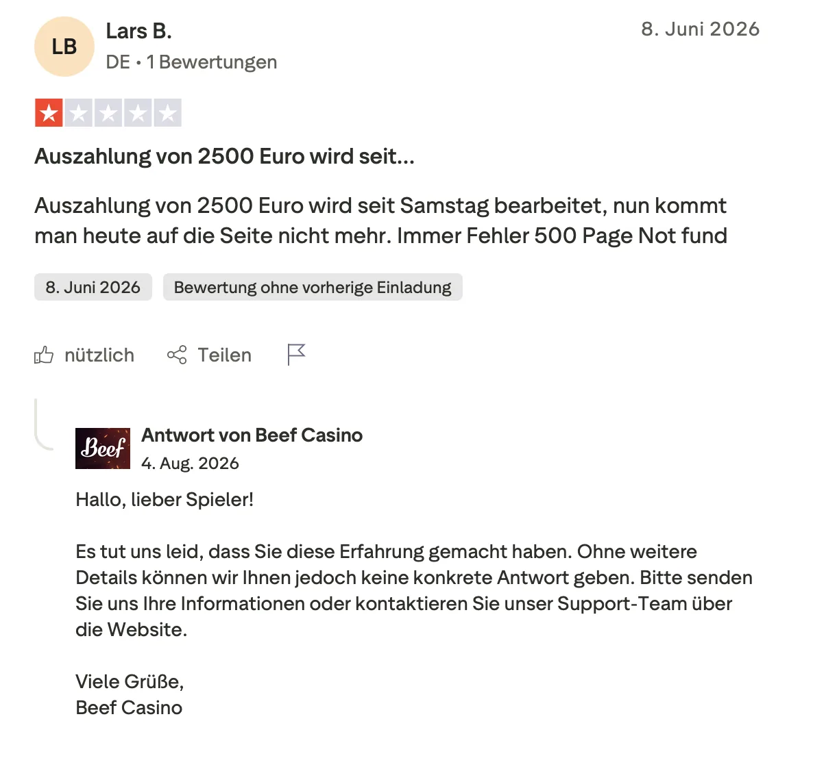 Trustpilot-Bewertung von Lars B. aus Deutschland mit einem Stern über eine hängende Auszahlung von 2500 Euro