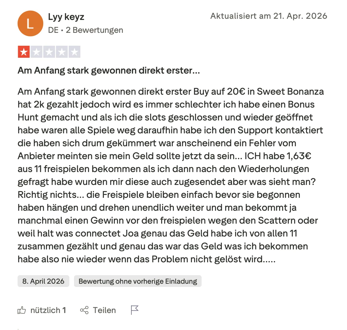 Trustpilot-Bewertung von Lyy keyz aus Deutschland mit einem Stern über fehlerhafte Freispiele nach einem Bonus Hunt