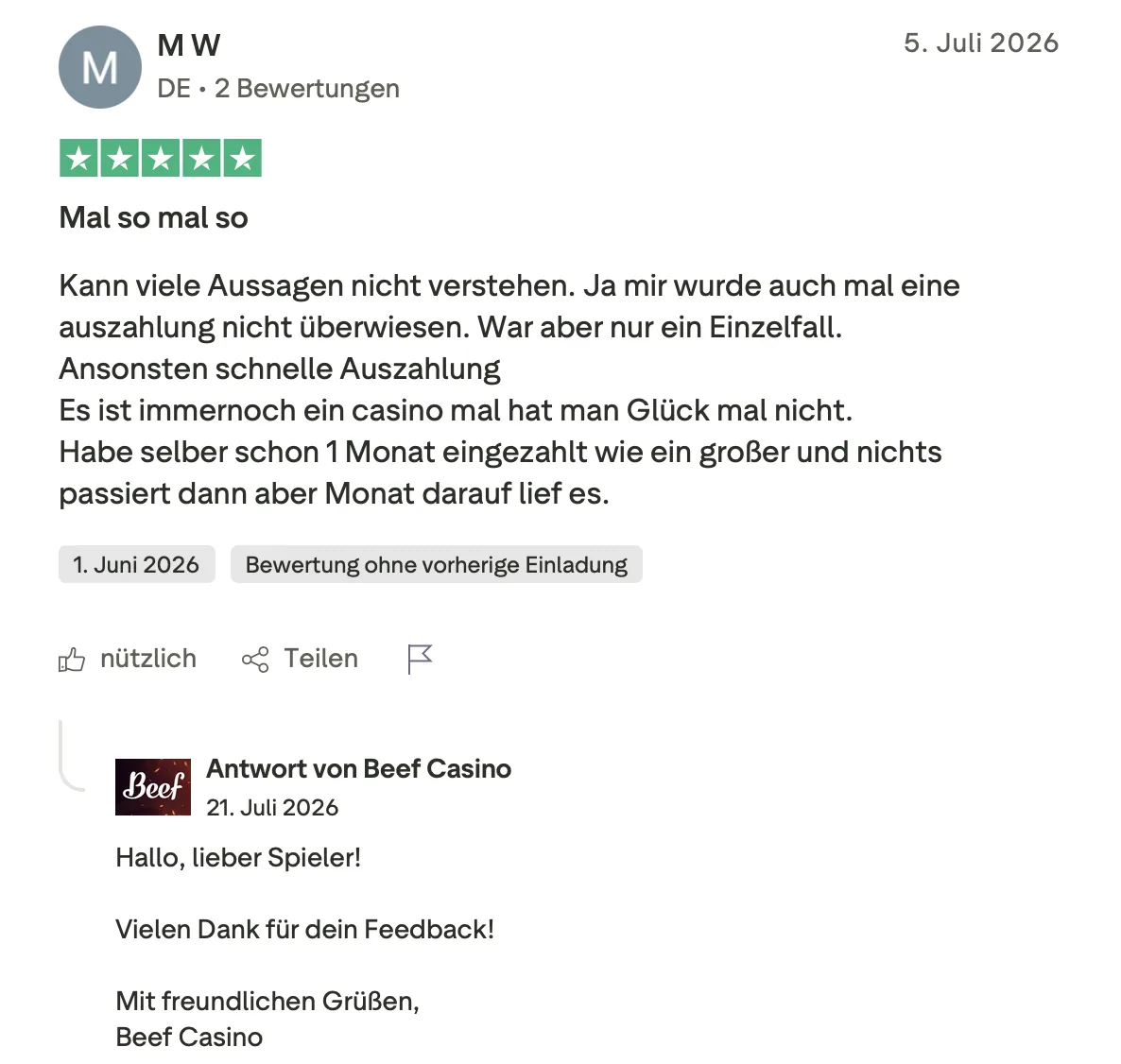 Trustpilot-Bewertung von M W aus Deutschland mit fünf Sternen und einer Einordnung ausgebliebener Auszahlungen als Einzelfall