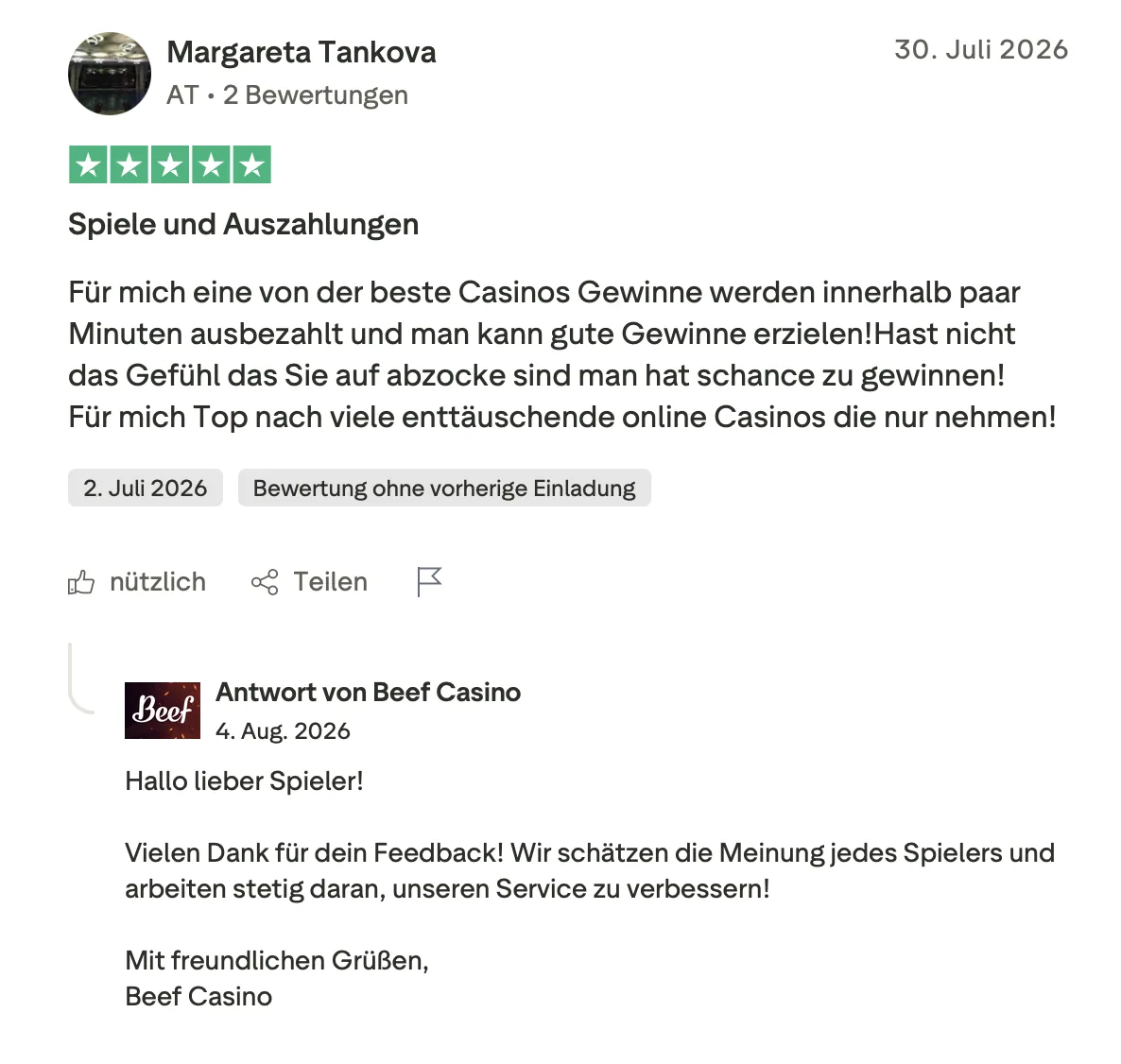 Trustpilot-Bewertung von Margareta Tankova aus Österreich mit fünf Sternen über Spiele und Auszahlungen