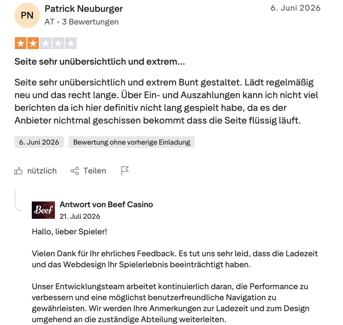 Trustpilot-Bewertung von Patrick Neuburger aus Österreich mit zwei Sternen über Ladezeiten und unübersichtliches Design
