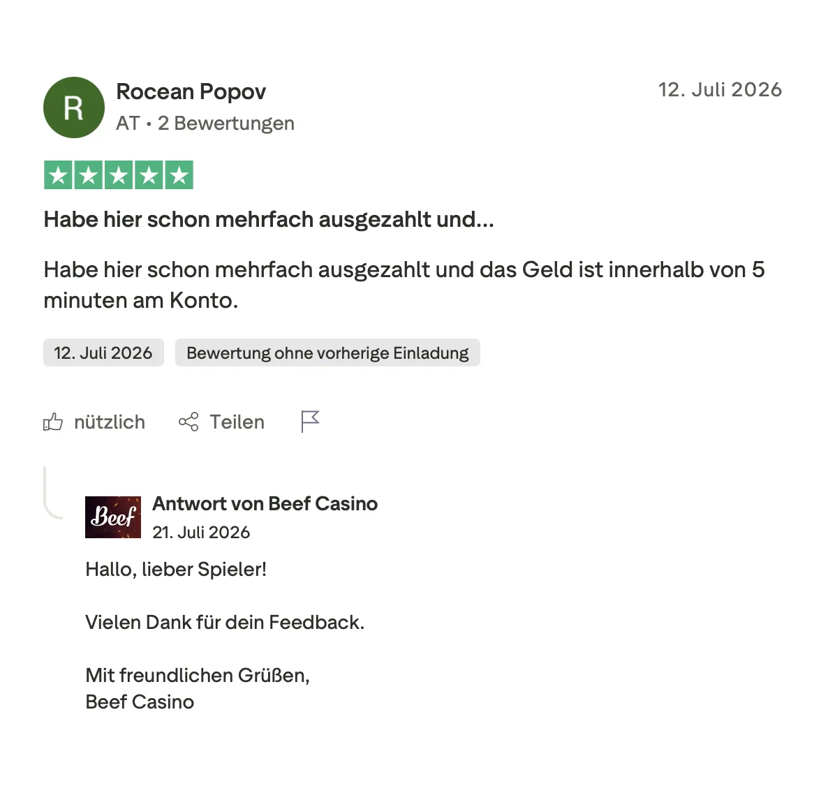 Trustpilot-Bewertung von Rocean Popov aus Österreich mit fünf Sternen über Auszahlungen innerhalb von fünf Minuten