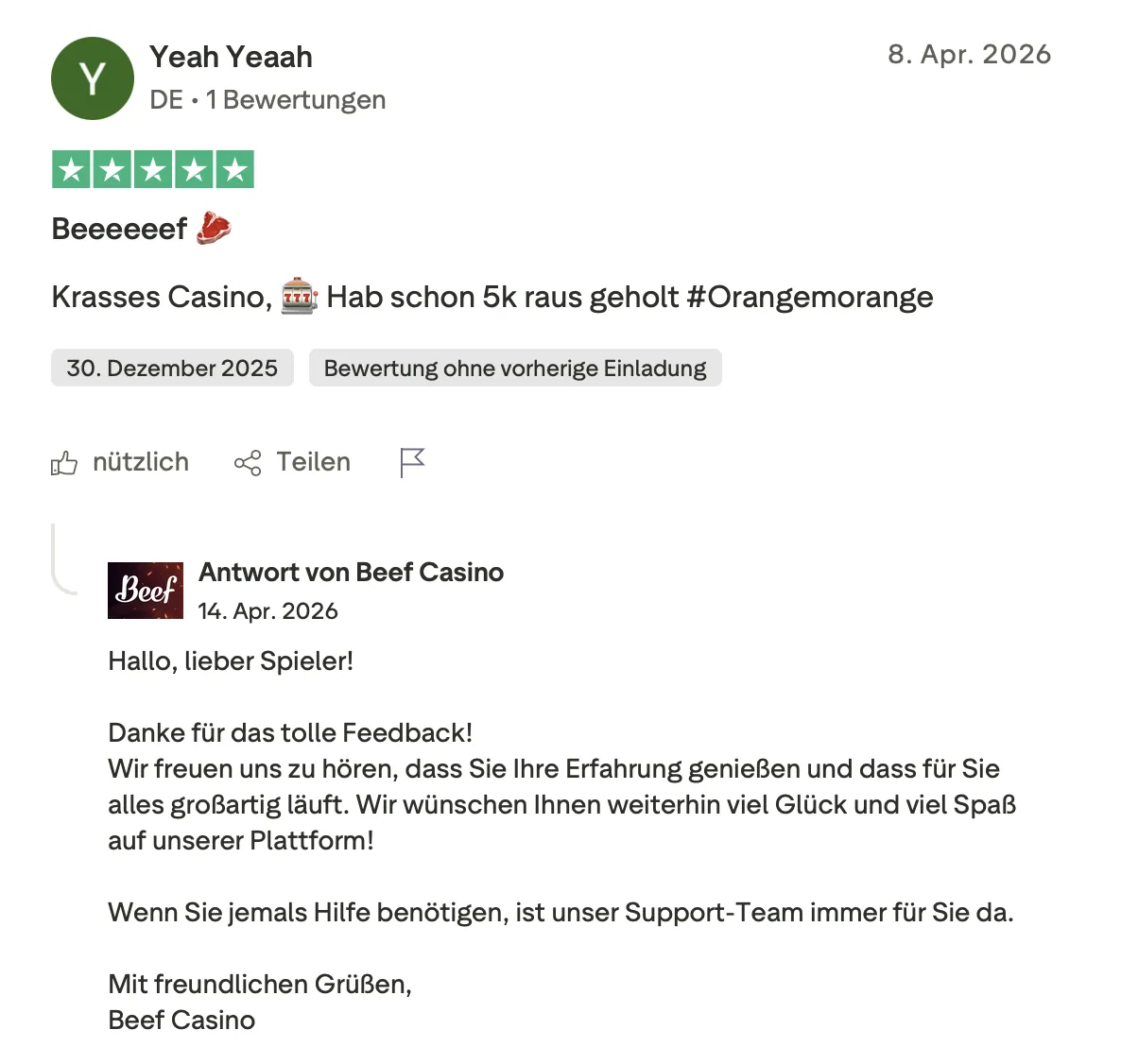 Trustpilot-Bewertung von Yeah Yeaah aus Deutschland mit fünf Sternen über eine Auszahlung von 5000 Euro